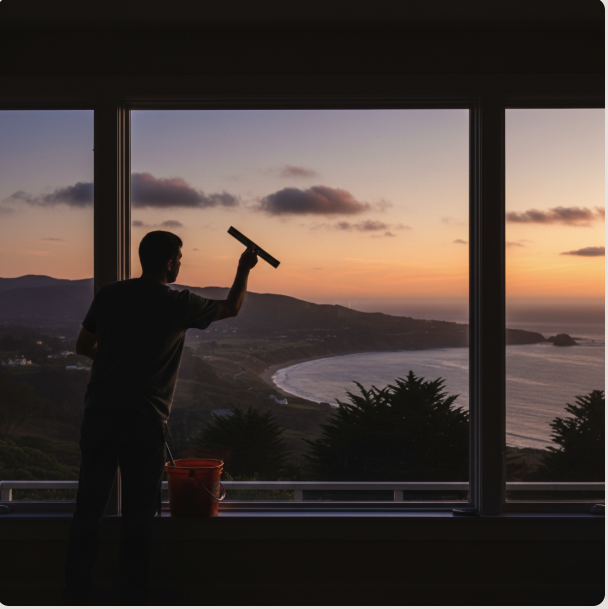 Professional window cleaning at sunset on the Monterey coast